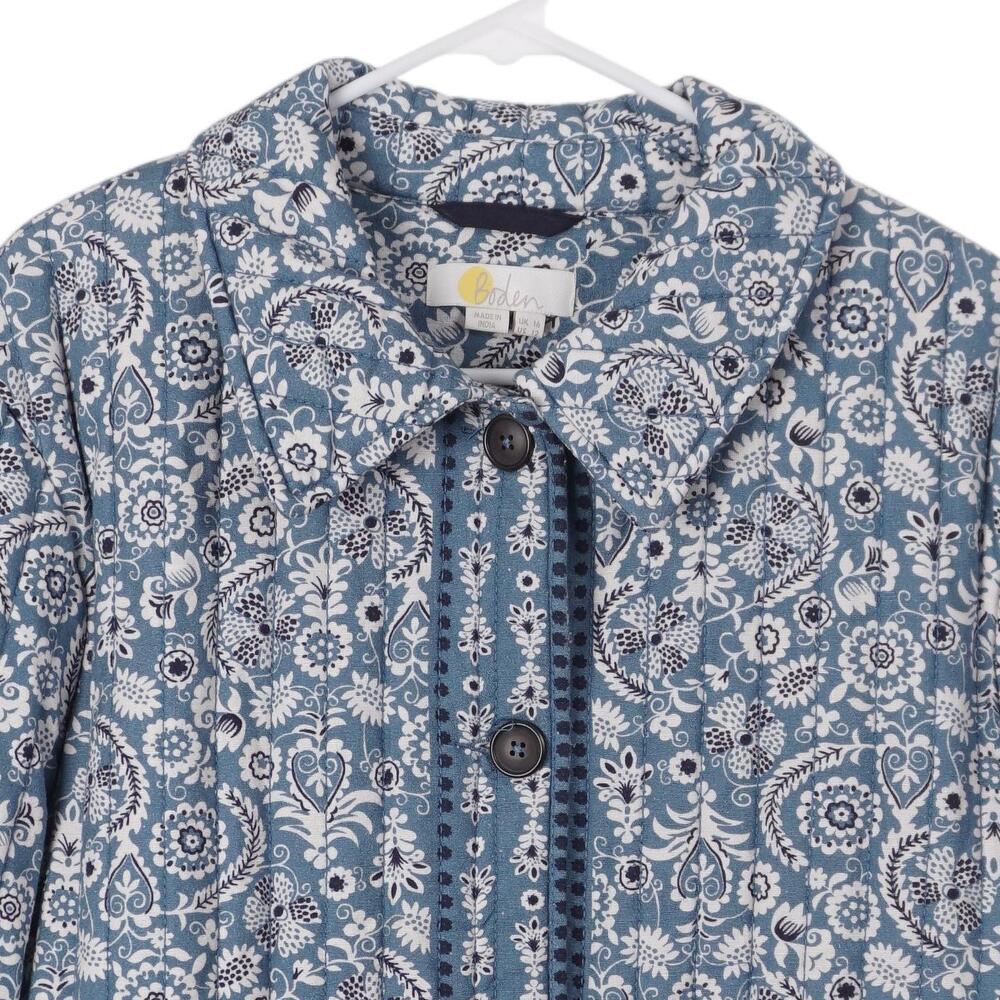 Boden Quilted Jacket Women 12 Blue Floral Cotton Linen Button Up Pockets Casual - Picture 2 of 9